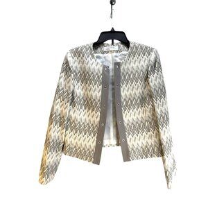 Tahari Geometric Pattern Open Front Blazer Jacket Women's Gray White Size 8